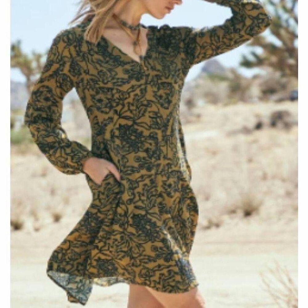 Peruvian Connection Yellowstone Boho Mini Dress Yellow Navy Floral Women’s S